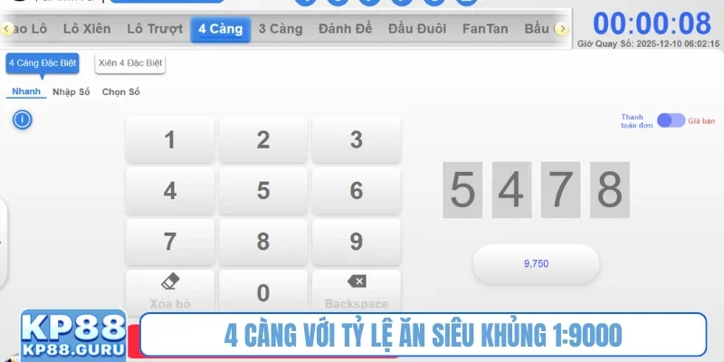 Xổ số siêu tốc KP88 - Bùng nổ cơ hội thắng tiền tỷ chỉ sau 1 phút 3 4 càng với tỷ lệ ăn siêu khủng 1:9000
