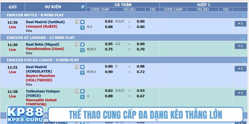 Thể thao cung cấp đa dạng kèo thắng lớn